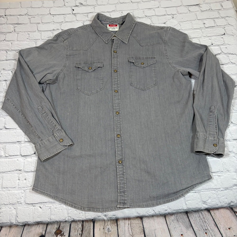 Wrangler Mens Gray Denim Western Snap Long Sleeve Shirt Size XL Stretch 0422